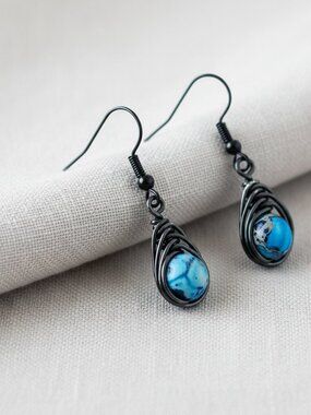 Blue & Tan Dyed Agate Bead Drop Earrings | Herringbone Wrap | Hematite Accents